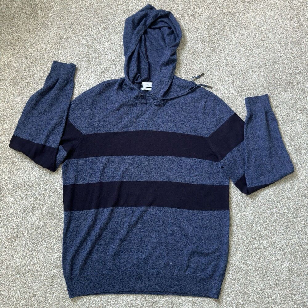 Calvin Klein Italian Yarn Hooded Sweater Blue Striped Men’s Large